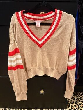 Women’s Cropped V-Neck Sweater - Beige with Red Stripes URBAN OUTFITTERS Sz M
